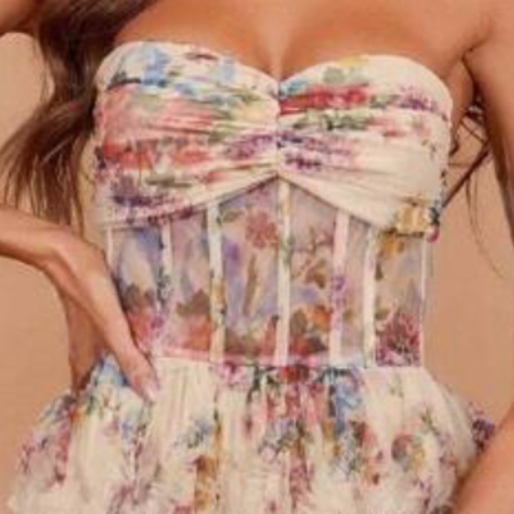 Luxe Floral Print Ruched Corset Party Wedding Formal Dress - Picture 7 of 8